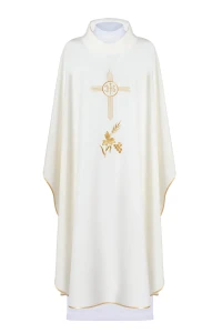 Ornat z haftem IHS w kolorze ecru