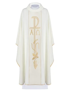 Ornat z haftem Alfa i Omega na pasie ecru