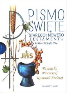 PISMO ŚWIĘTE STAREGO I NOWEGO TESTAMENTU z ozdobnym etui i wkładką na I Komunię Świętą.
