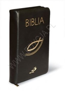 Biblia "z rybką" - oprawa skóra naturalna z suwakiem, czarna, z paginatorami ST i NT z przypisami